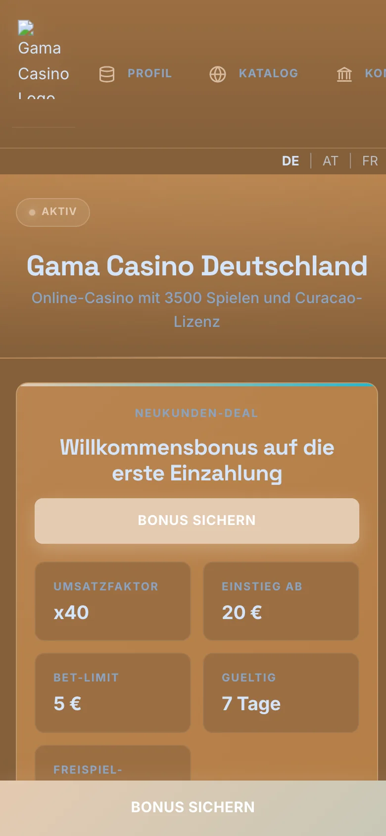 Gama Casino mobile lobby screenshot